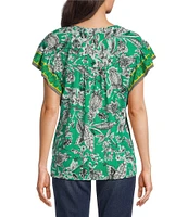 Figueroa & Flower Woven Printed Mandarin Collar Short Ruffle Sleeve Button Front Blouse