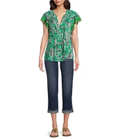 Figueroa & Flower Woven Printed Mandarin Collar Short Ruffle Sleeve Button Front Blouse