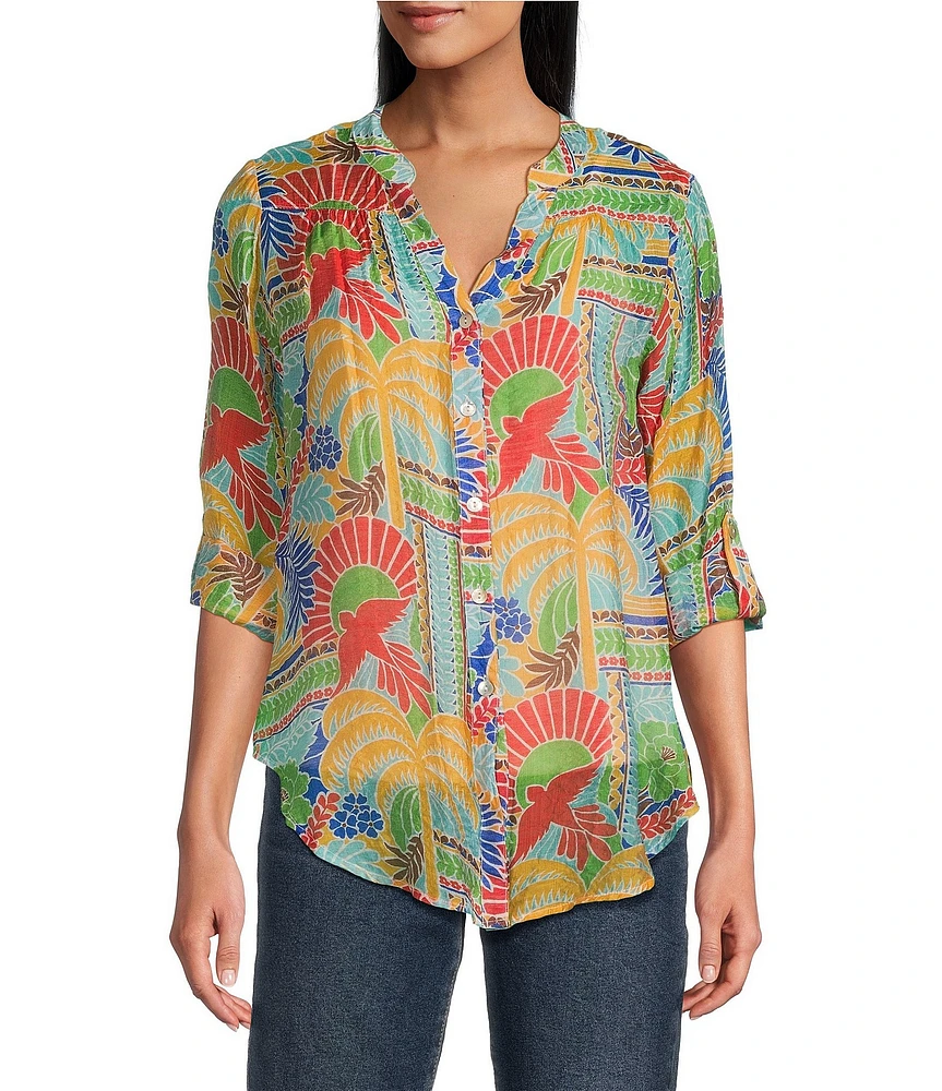 Figueroa & Flower Woven Roxy Printed Mandarin Collar Long Roll-Tab Sleeve Tie-Front Blouse