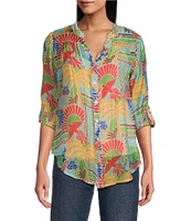 Figueroa & Flower Woven Roxy Printed Mandarin Collar Long Roll-Tab Sleeve Tie-Front Blouse