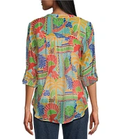 Figueroa & Flower Woven Roxy Printed Mandarin Collar Long Roll-Tab Sleeve Tie-Front Blouse