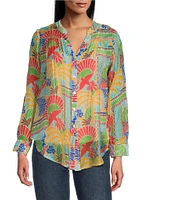 Figueroa & Flower Woven Roxy Printed Mandarin Collar Long Roll-Tab Sleeve Tie-Front Blouse