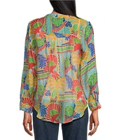 Figueroa & Flower Woven Roxy Printed Mandarin Collar Long Roll-Tab Sleeve Tie-Front Blouse