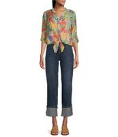 Figueroa & Flower Woven Roxy Printed Mandarin Collar Long Roll-Tab Sleeve Tie-Front Blouse