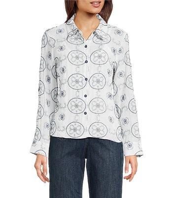 Figueroa & Flower Zoe All Over Embroidered Button Down Collar Long Roll-Tab Sleeves Button-Front Shirt