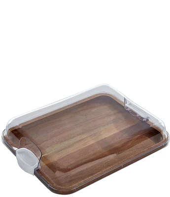Farberware Build-A-Board Acacia Cutting Board with Built-in Compartments and Clear Locking Lid with White Handles
