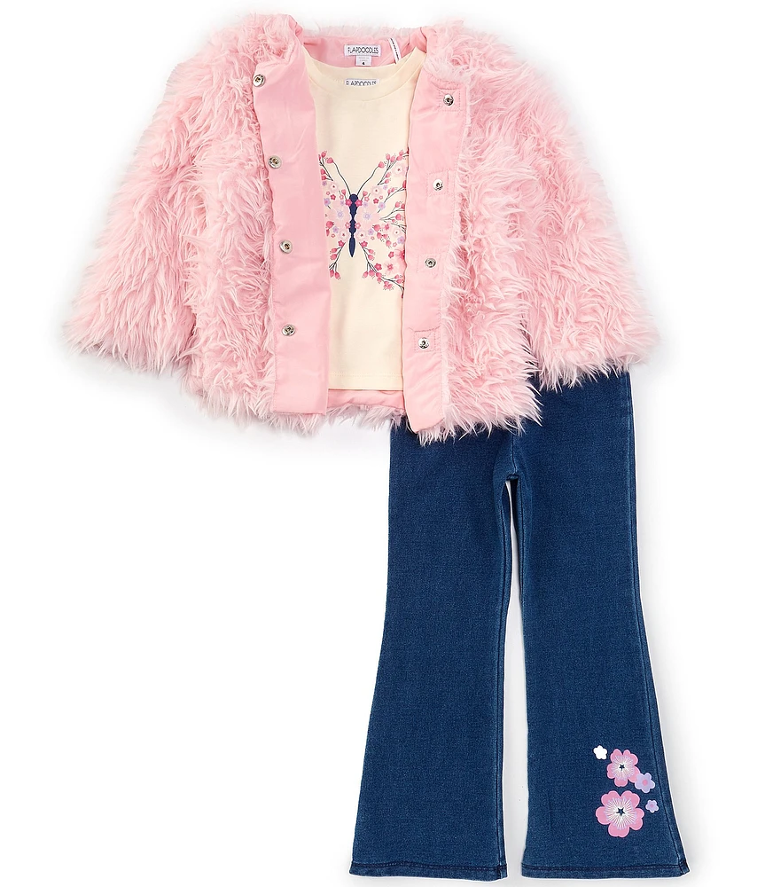 Flapdoodles Little Girls 2T-6X Long Sleeve Faux-Fur Jacket, Short Sleeve Butterfly T-Shirt & Denim-Look Knit Leggings Set