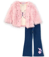 Flapdoodles Little Girls 2T-6X Long Sleeve Faux-Fur Jacket, Short Sleeve Butterfly T-Shirt & Denim-Look Knit Leggings Set