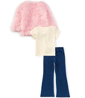 Flapdoodles Little Girls 2T-6X Long Sleeve Faux-Fur Jacket, Short Sleeve Butterfly T-Shirt & Denim-Look Knit Leggings Set