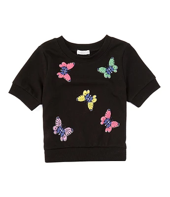 Flapdoodles Little Girls 2T-6X Short-Sleeve Glitter-Accented Butterfly-Puff-Print French Terry Top