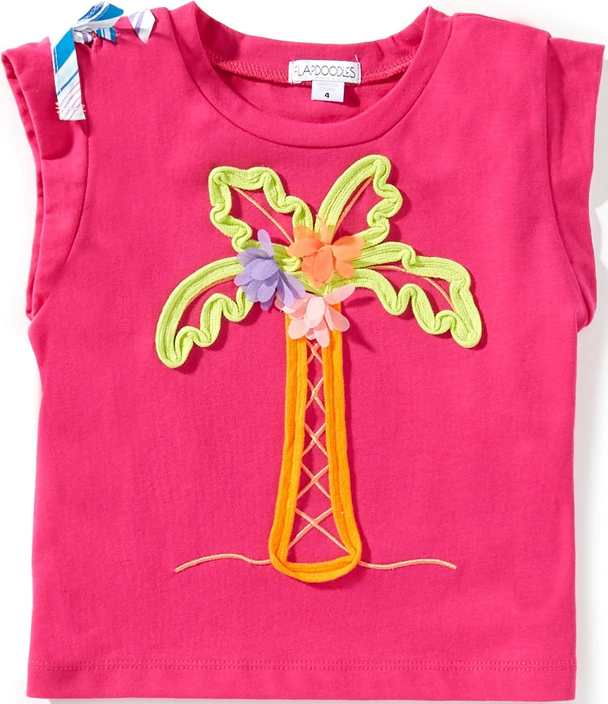 Flapdoodles Little Girls 2T-6X Short Sleeve Palm Tree Shoulder Bow T-Shirt