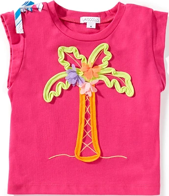 Flapdoodles Little Girls 2T-6X Short Sleeve Palm Tree Shoulder Bow T-Shirt
