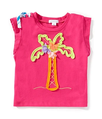 Flapdoodles Little Girls Short Sleeve Palm Tree Shoulder Bow T-Shirt