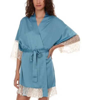 Flora Nikrooz Gabby Silky Satin 3/4 Sleeve Coordinating Kimono Wrap Robe