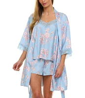 Flora Nikrooz Sabrina Travel Satin Floral Cami & Shorty Robe Set