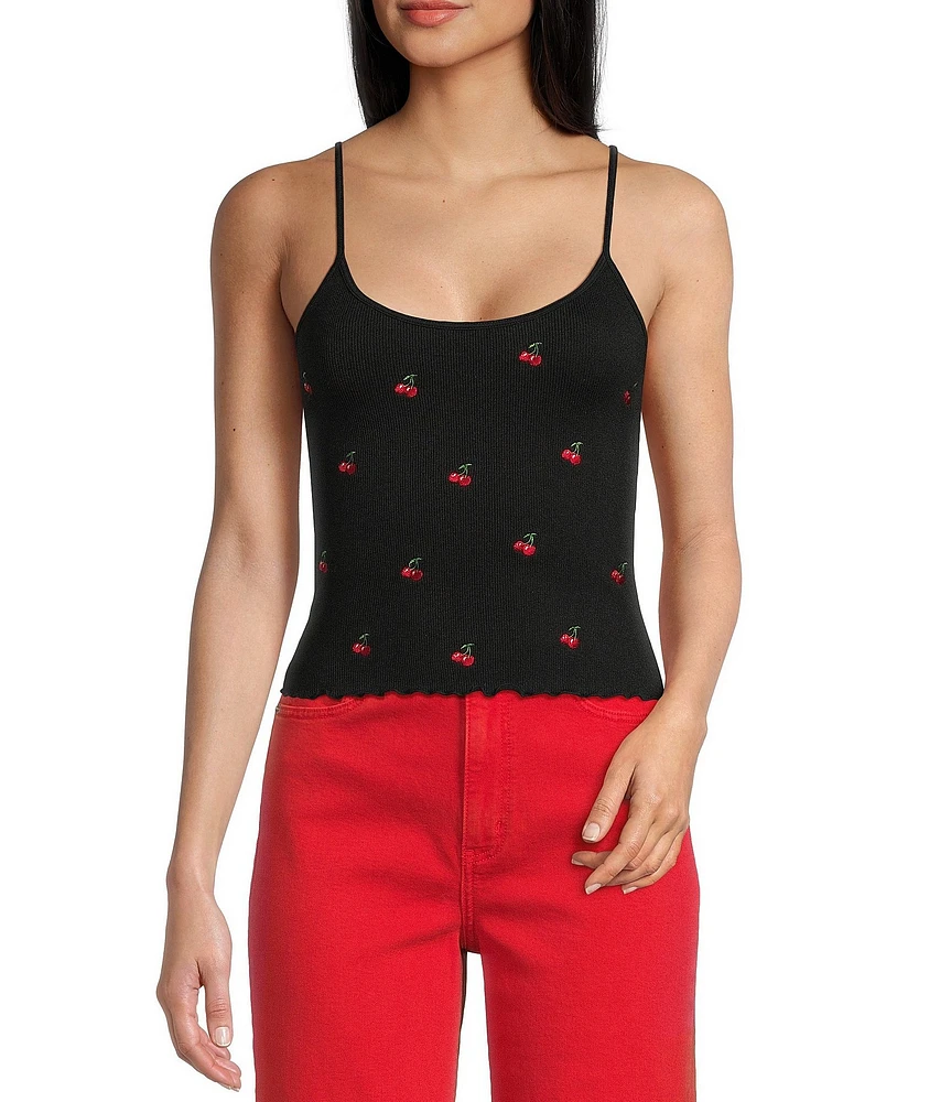 Fornia Seamless Embroidered Cherry Spaghetti Strap Camisole Top
