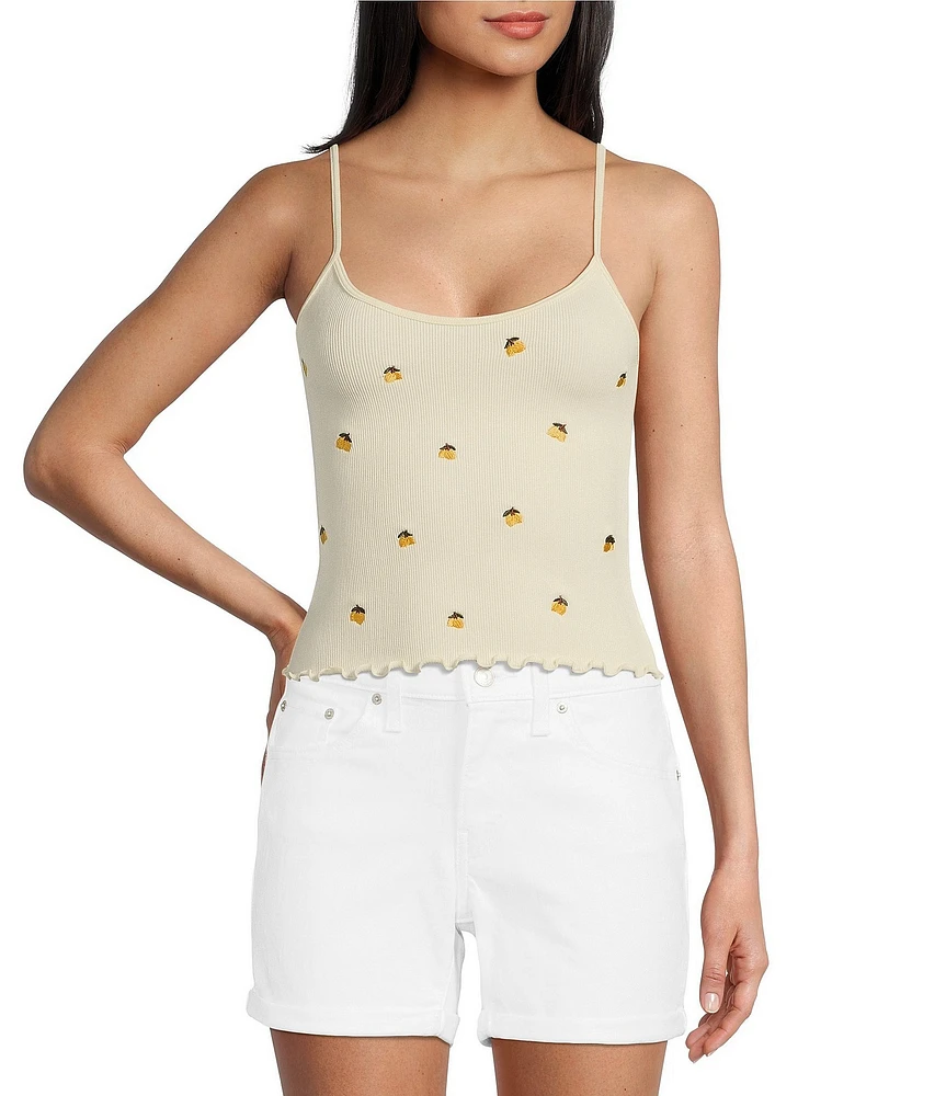 Fornia Seamless Embroidered Lemons Spaghetti Strap Camisole Top