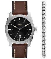 Fossil Men's Machine Three-Hand Brown Leather Strap Watch and Bracelet Set