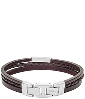 Fossil Men's Multi-Strand Silver-Tone Steel and Brown Leather Link Bracelet