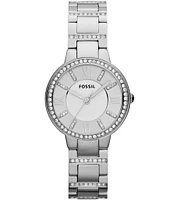 Fossil Virginia Silver Tone Clear Stone Detailed Sterling Silver 3 Hand Bracelet Watch