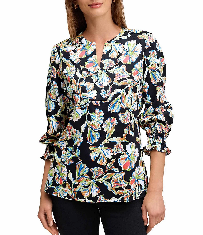 Foxcroft Alicia Wrinkle-Free Floral Cotton Sateen Split V-Neck 3/4 Sleeve Button-Front Shirt