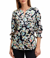 Foxcroft Alicia Wrinkle-Free Floral Cotton Sateen Split V-Neck 3/4 Sleeve Button-Front Shirt