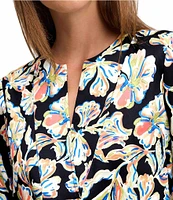 Foxcroft Alicia Wrinkle-Free Floral Cotton Sateen Split V-Neck 3/4 Sleeve Button-Front Shirt