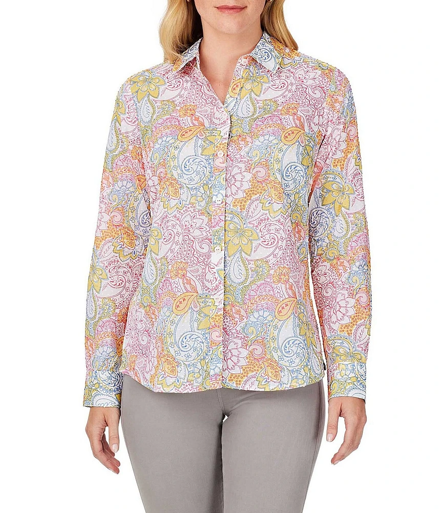 Foxcroft Ava Cotton Clip Dot Paisley Print Point Collar Long Sleeve Button Front Shirt