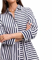 Foxcroft Avery Sateen Stripe Point Collar 3/4 Sleeve Button-Front Shirt