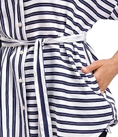 Foxcroft Avery Sateen Stripe Point Collar 3/4 Sleeve Button-Front Shirt