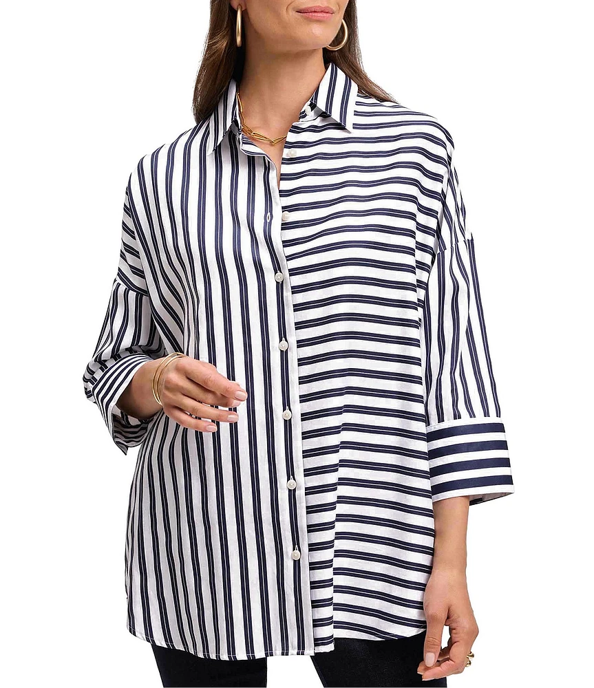 Foxcroft Avery Sateen Stripe Point Collar 3/4 Sleeve Button-Front Shirt