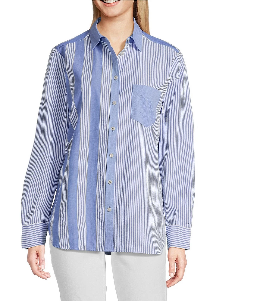 Foxcroft Boyfriend Mix Stripe Button Front Top