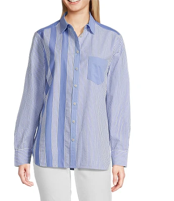 Foxcroft Boyfriend Mix Stripe Button Front Top