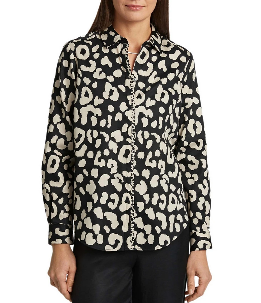 Foxcroft Charlie Cotton Sateen Cheetah Print Point Collar Long Sleeve Round Hem Button Front Shirt