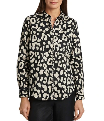 Foxcroft Charlie Cotton Sateen Cheetah Print Point Collar Long Sleeve Round Hem Button Front Shirt