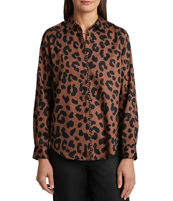 Foxcroft Charlie Cotton Sateen Cheetah Print Point Collar Long Sleeve Round Hem Button Front Shirt