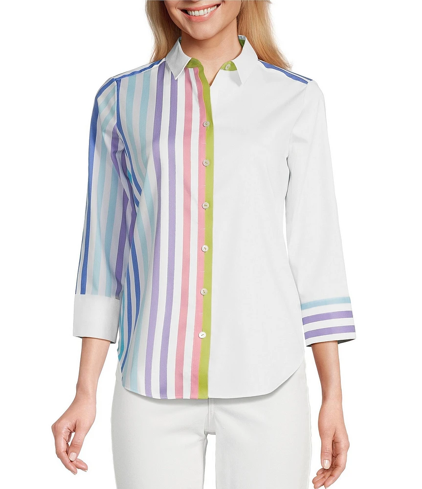 Foxcroft Charlie Point Collar 3/4 Sleeve Stretch Stripe Shirt