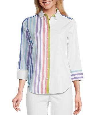 Foxcroft Charlie Point Collar 3/4 Sleeve Stretch Stripe Shirt