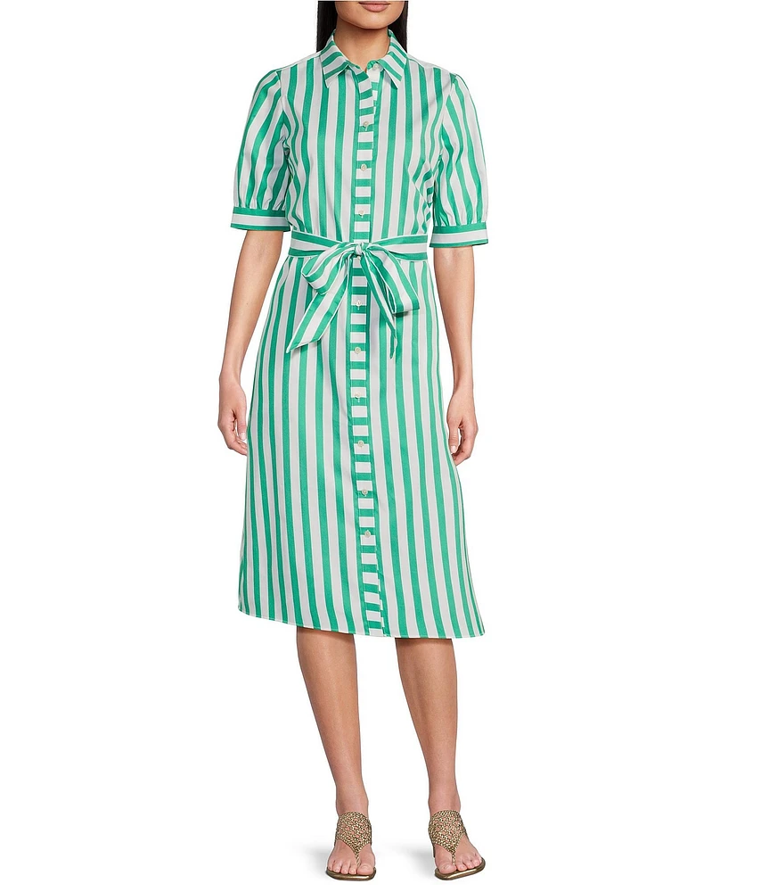 Foxcroft Esther Stripe Point Collar Elbow Sleeve Belted Shirt Dress