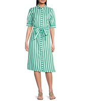 Foxcroft Esther Stripe Point Collar Elbow Sleeve Belted Shirt Dress