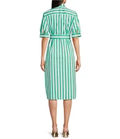 Foxcroft Esther Stripe Point Collar Elbow Sleeve Belted Shirt Dress