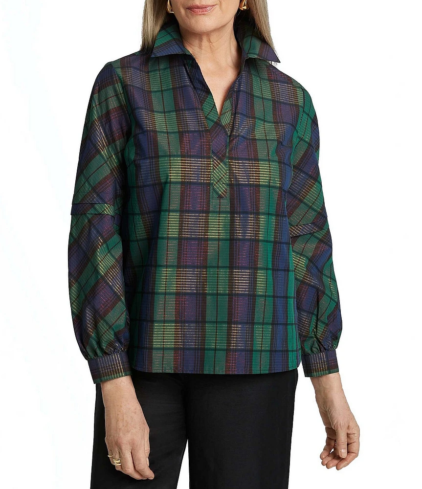 Foxcroft Frankie Plaid Y-Neck Long Sleeve Button Up Shirt