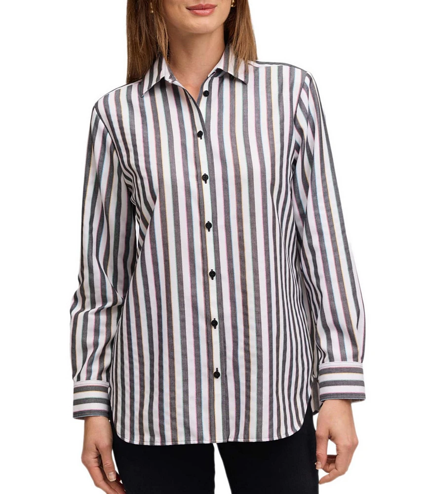 Foxcroft Frankie Stripe Collared Neckline Long Sleeve Top