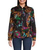 Foxcroft Hampton Painted Paisley Collared Long Sleeve Button Down Top