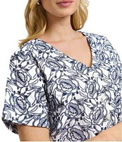 Foxcroft Isabel Floral Eyelet Elbow Sleeve Button Front Shirt
