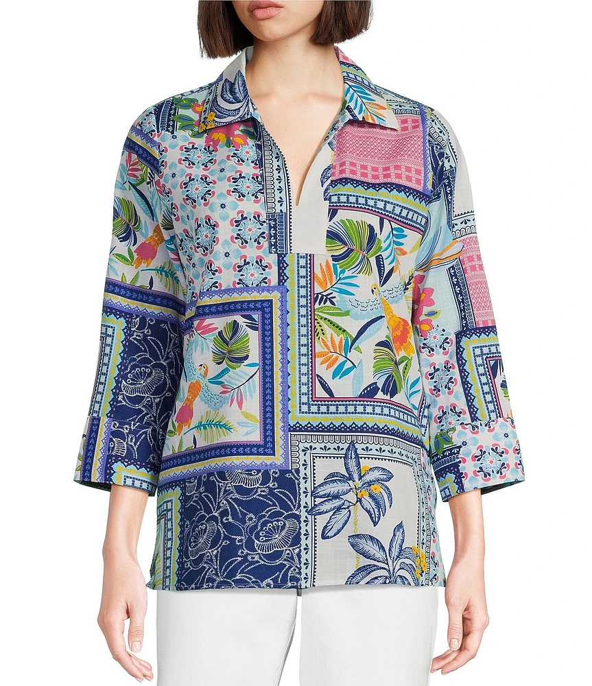 Foxcroft Julia Y-Neck 3/4 Sleeve Soft Cotton Print Tunic