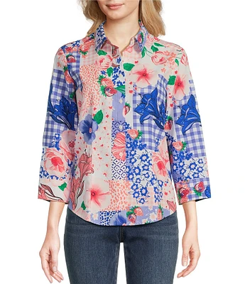 Foxcroft June Printed Collared Neck 3/4 Sleeve Top