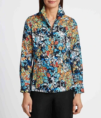 Foxcroft Katie Floral Print Wing Collar Long Sleeve Top