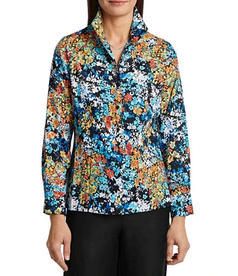 Foxcroft Katie Floral Print Wing Collar Long Sleeve Top