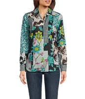 Foxcroft Kylie Patchwork Print Collared Neckline Long Sleeve Blouse